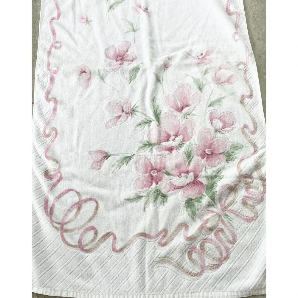 Vtg Franco Luxury Towel Bath Made‎ In Japan White Pink Flowers bouquet  23x45